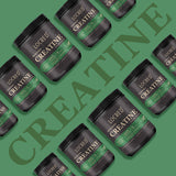 A container of LOCRED Creatine Monohydrate, marketed as 100% Pure Creatine, is displayed next to a woman lifting weights at the gym, highlighting the product's use for enhancing strength and performance in fitness.