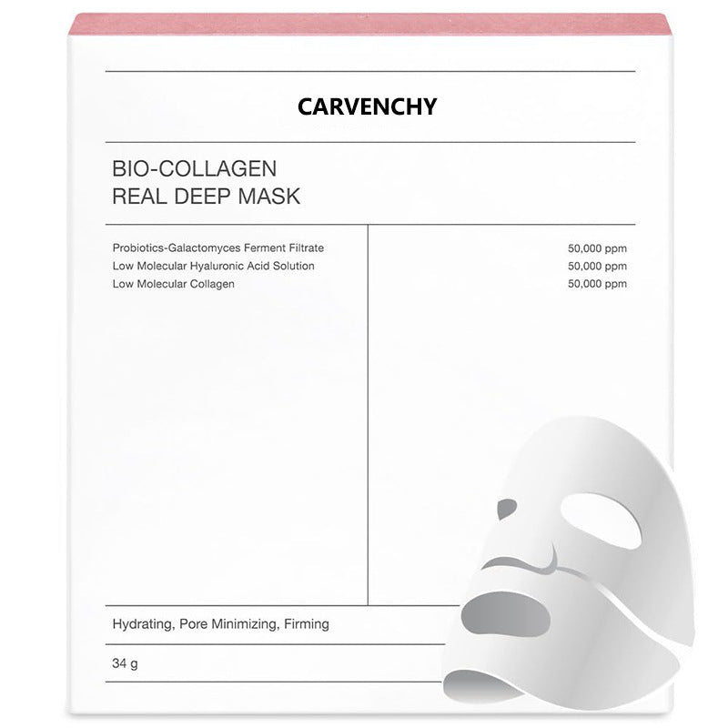 Carvenchy Bio-Collagen Real Deep Mask packaging with a white mask on a white background