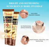 Disaar Collagen Snail Sunscreen cream with product details on a blue background