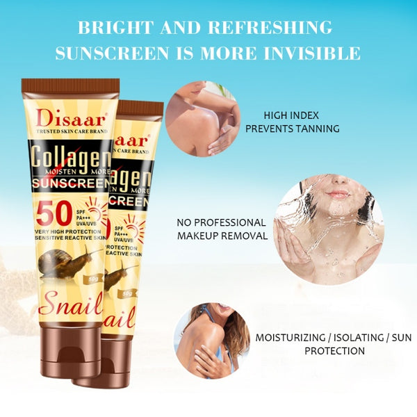 Disaar Collagen Snail Sunscreen cream with product details on a blue background
