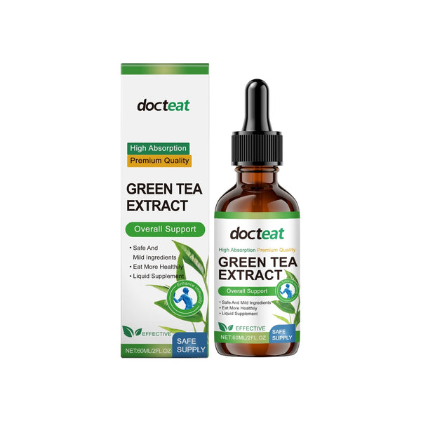 A bottle of docteal Green Tea Extract with a dropper, next to its packaging box. The product is described as high absorption, premium quality, and supports overall support.