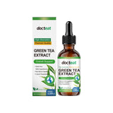 A bottle of docteal Green Tea Extract with a dropper, next to its packaging box. The product is described as high absorption, premium quality, and supports overall support.