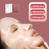 Facial mask application on a mannequin face with text highlighting benefits on a pink background