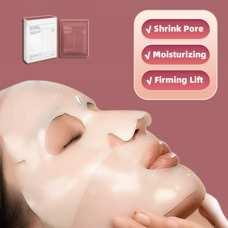 Facial mask application on a mannequin face with text highlighting benefits on a pink background